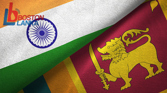 Sri Lanka and India flags together textile cloth, fabric texture